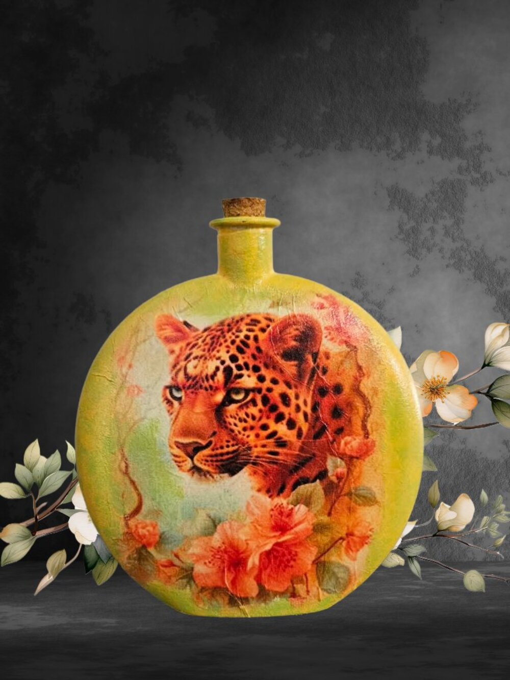 Cheetah Decor, Floral Wildlife Accent, Hand Painted Upcycled Bottle